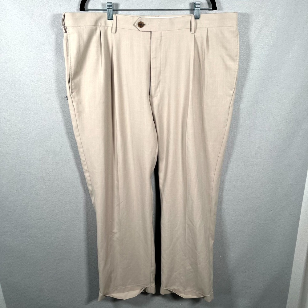 Haggar Clothing Co. Eclo Stria Dress Pants Mens 43 Beige Classic Fit Cuffed Hem